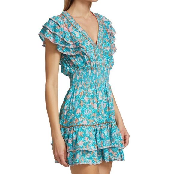 ✨NWT Poupette St Barth Camila Floral Duck Green Canary Ruffled Mini Dress - Picture 2 of 11